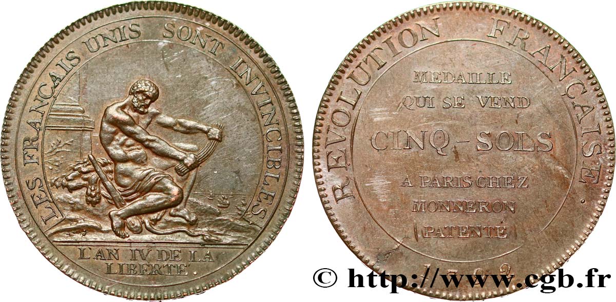 REVOLUTION COINAGE Monneron de 5 sols à l Hercule, frappe monnaie 1792 Birmingham, Soho q.SPL