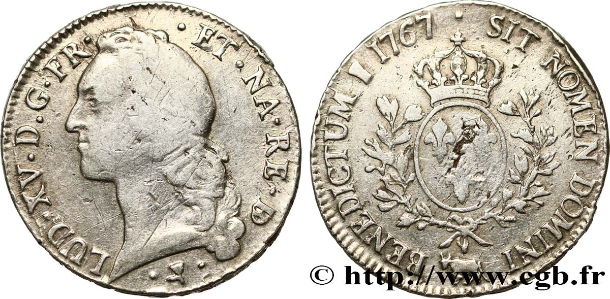 LOUIS XV DIT LE BIEN AIMÉ Écu aux branches d’olivier, tête ceinte d’un bandeau 1767 Pau TB/TTB