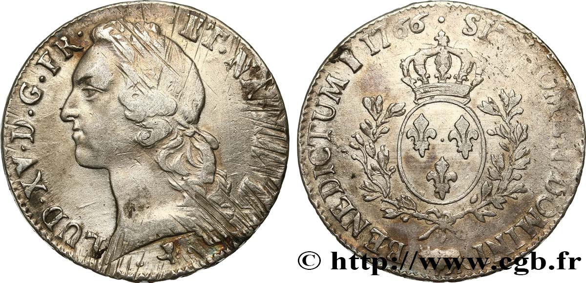 LOUIS XV  THE WELL-BELOVED  Écu aux branches d’olivier, tête ceinte d’un bandeau 1766 Pau VF