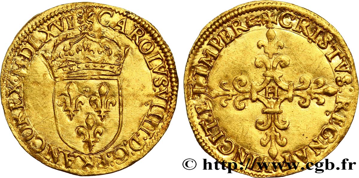 CHARLES IX Écu d or au soleil, 1er type 1566 La Rochelle SPL