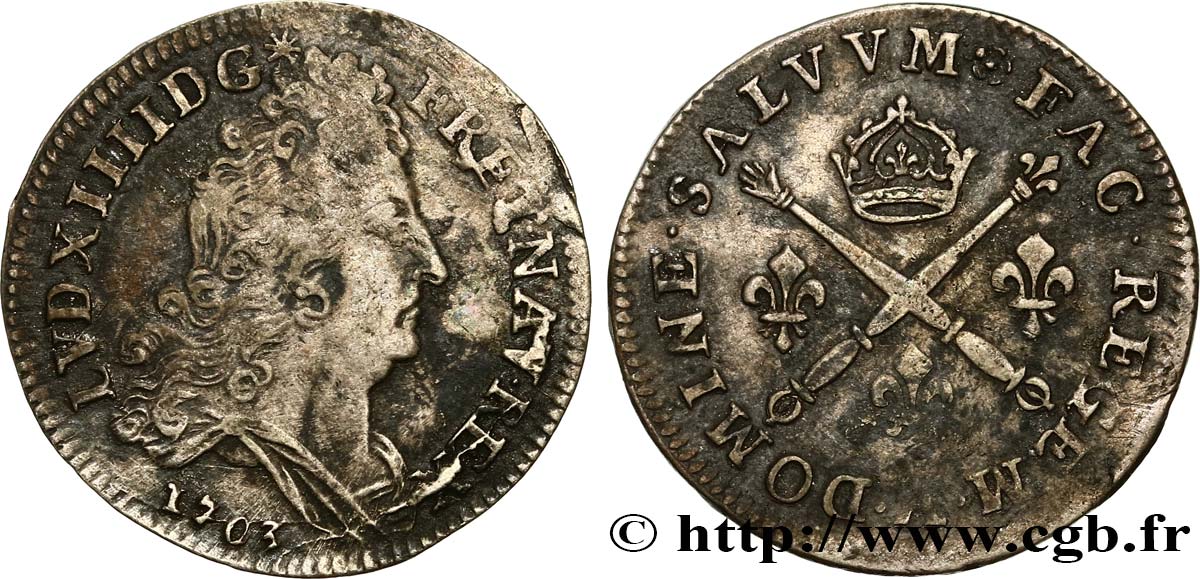LOUIS XIV  THE SUN KING  10 sols aux insignes 1703 Paris BC+/MBC