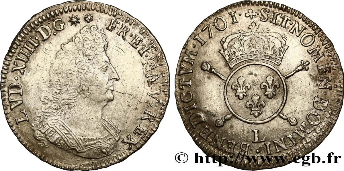 LOUIS XIV  THE SUN KING  Demi-écu aux insignes 1701 Bayonne AU