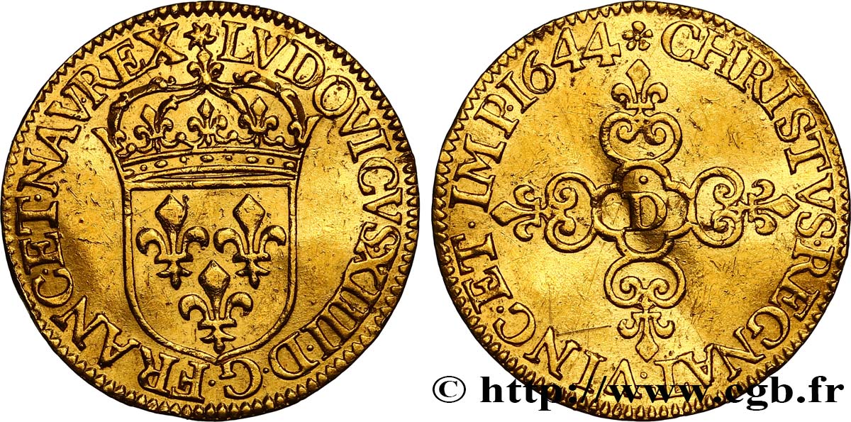 LOUIS XIV  THE SUN KING  Écu d or au soleil, à la croix anillée fleurdelisée 1644 Lyon AU