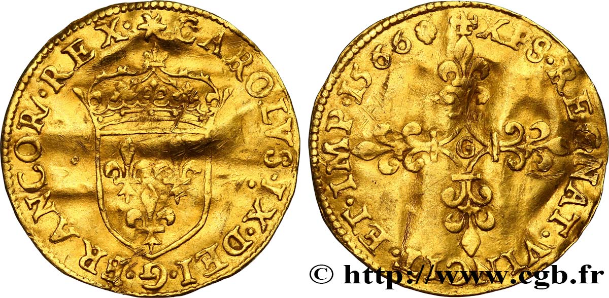 CHARLES IX Écu d or au soleil, 1er type 1566 Poitiers XF