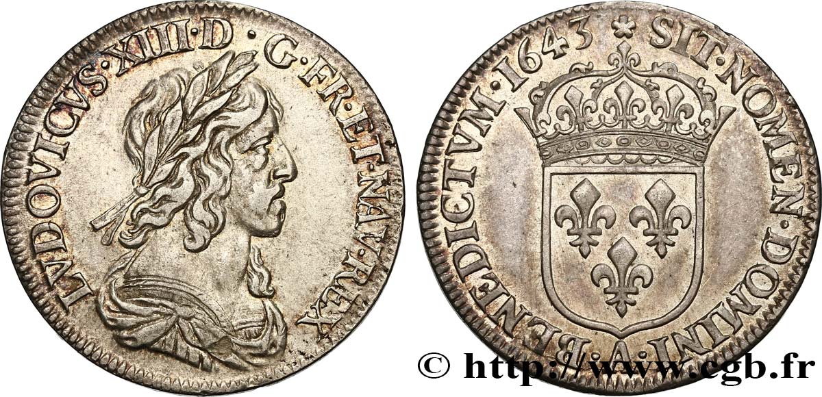 LOUIS XIII  Quart d écu, buste drapé et cuirassé (2e buste de Jean Warin) 1643 Paris, Monnaie de Matignon MBC/MBC+