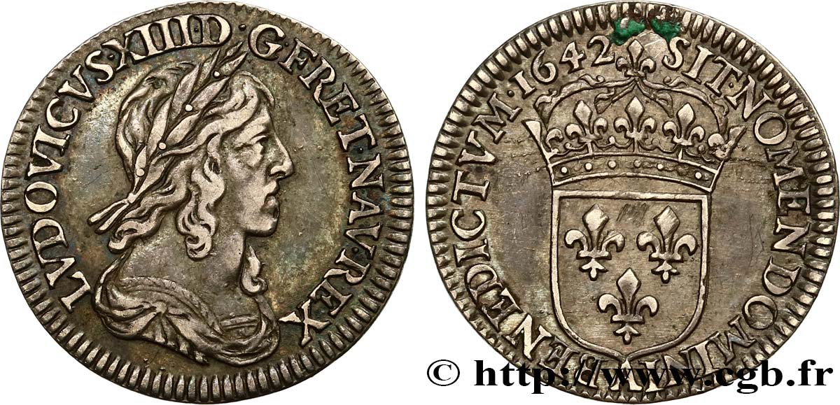 LOUIS XIII LE JUSTE Douzième d écu, 3e type, 2e poinçon de Warin 1642 Paris, Monnaie de Matignon TTB+