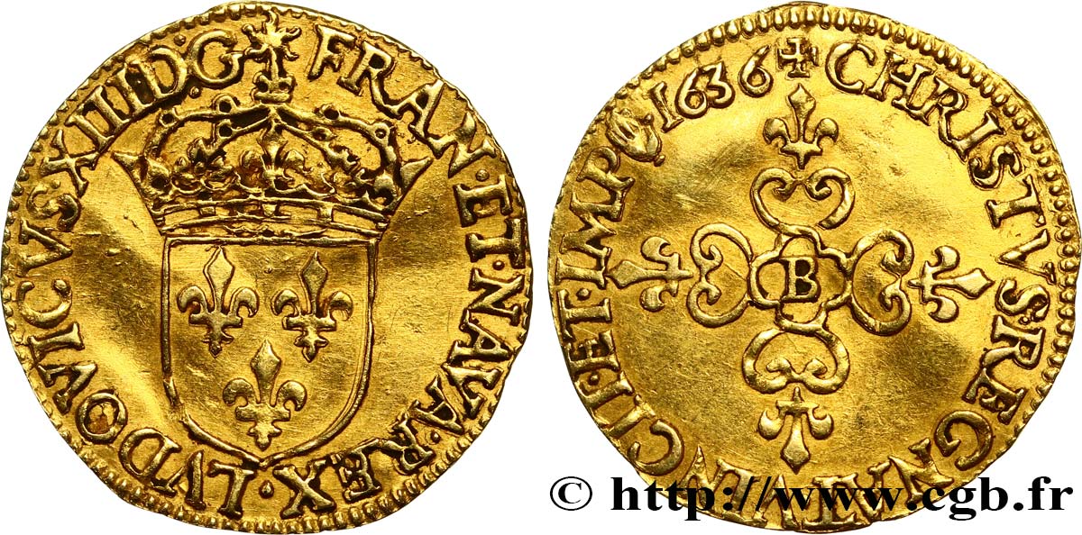 LOUIS XIII  Écu d or au soleil, à la croix anillée fleurdelisée 1636 Rouen fVZ