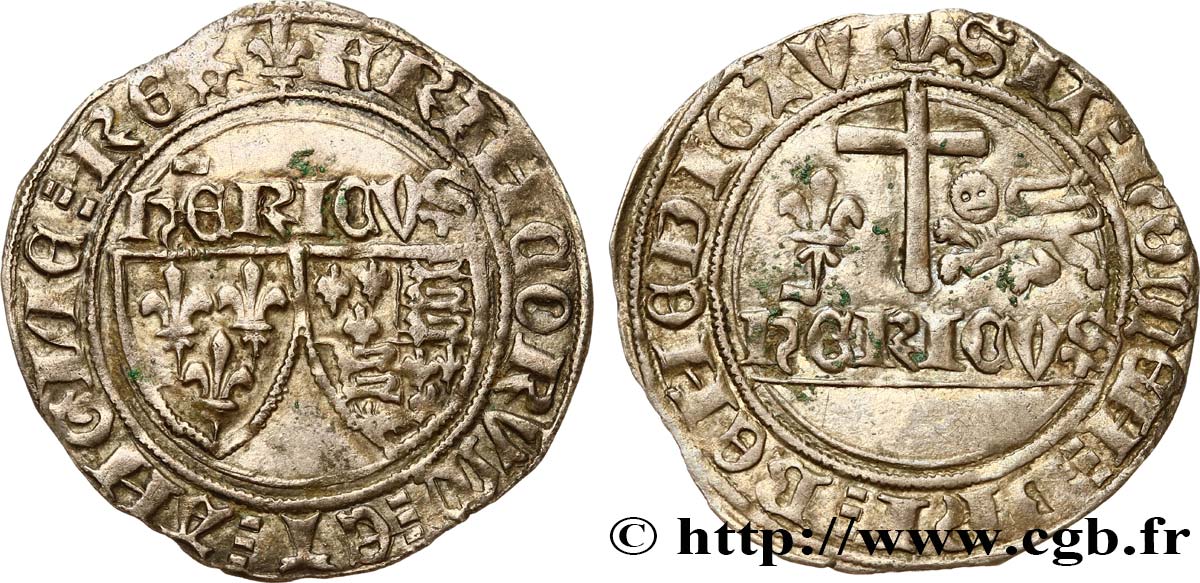 HENRY VI DE LANCASTRE - ROI DE FRANCE (1422-1453) - ROI D ANGLETERRE (1422-1461) et (1470-1471) Blanc aux écus n.d. Saint-Lô TTB