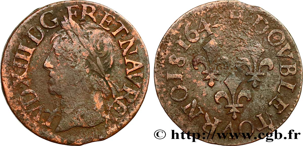 LOUIS XIII LE JUSTE Double tournois, type de Warin 1642 La Rochelle B+/TB