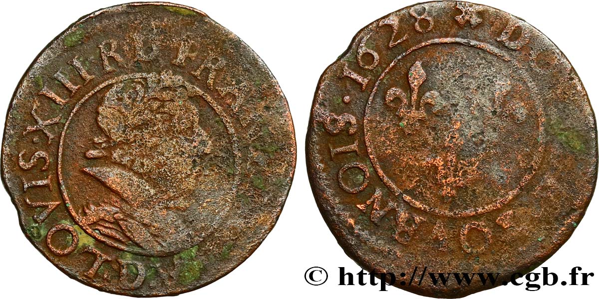 LOUIS XIII LE JUSTE Double tournois, 6e type 1628 Lyon TB