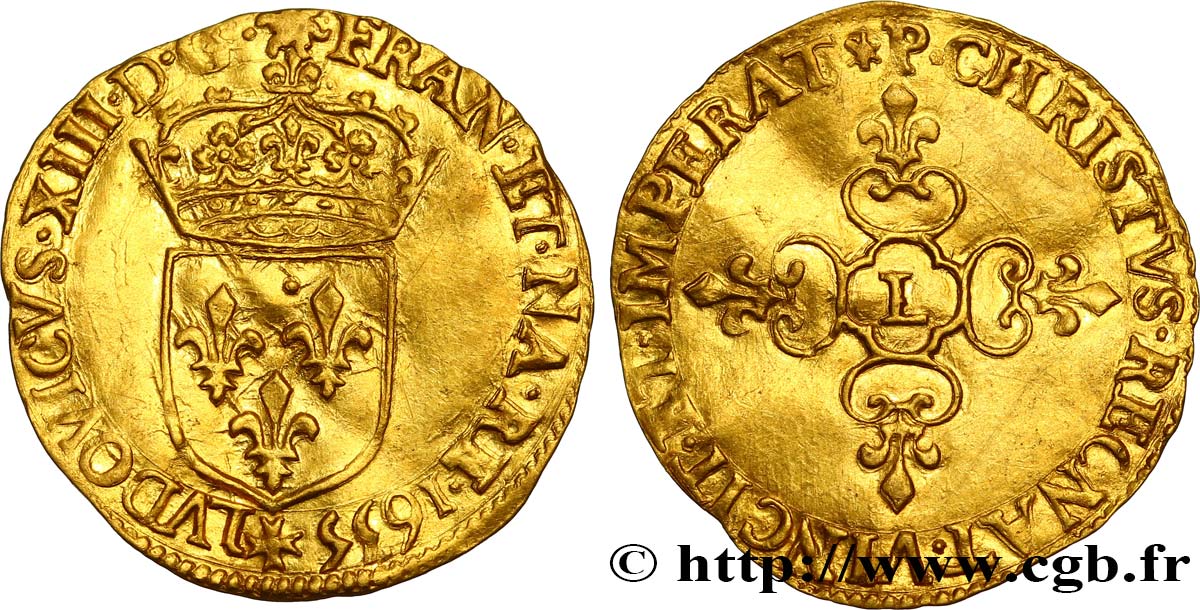 LOUIS XIII  Écu d or au soleil, à la croix anillée fleurdelisée 1635 Bayonne fVZ
