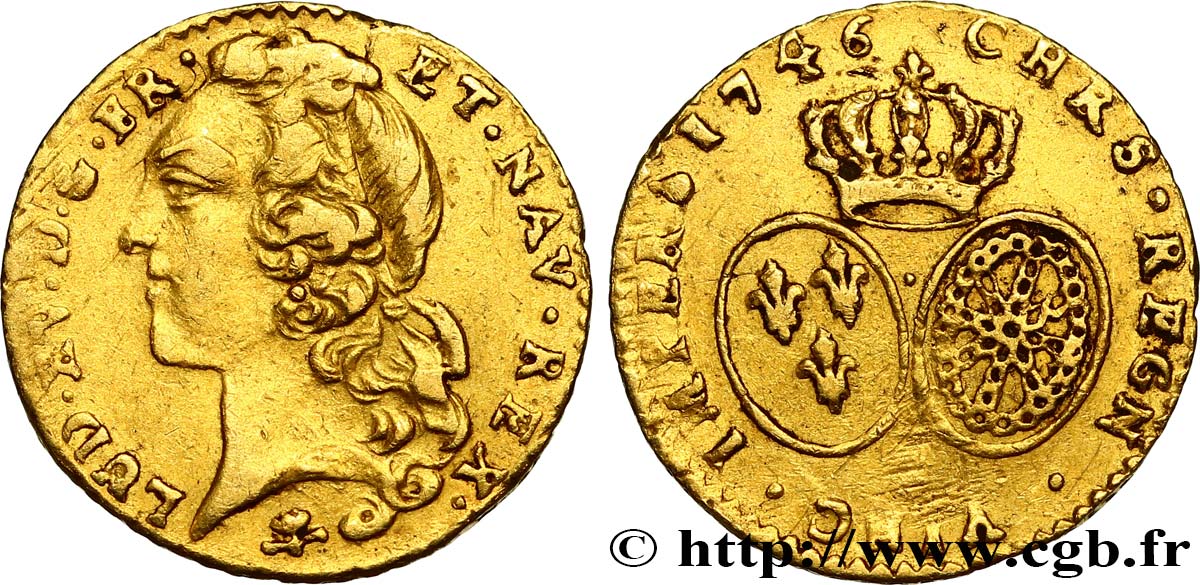 LOUIS XV  THE WELL-BELOVED  Demi-louis d’or aux écus ovales, tête ceinte d’un bandeau 1746 Reims SS