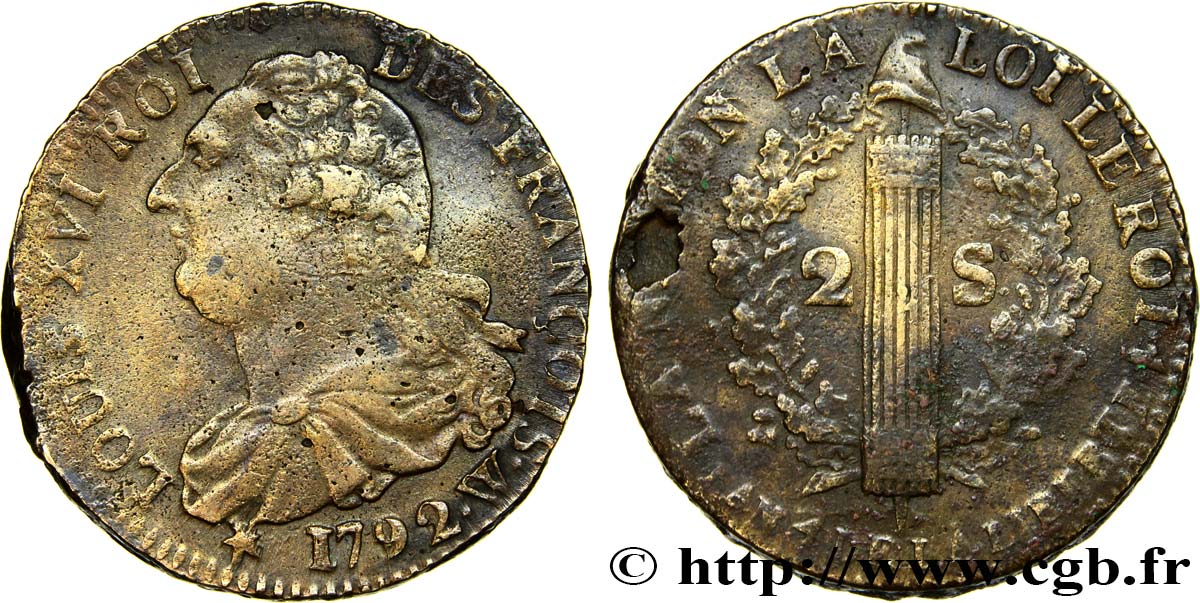 LOUIS XVI (MONARQUE CONSTITUTIONNEL)  2 sols dit &nbsp;au faisceau&nbsp;, type FRANÇOIS 1792 Lille TTB