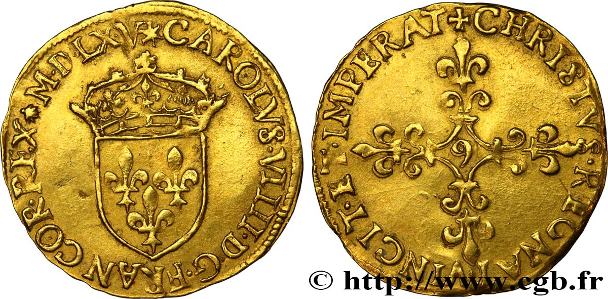 CHARLES IX Écu d or au soleil, 1er type 1565 Rennes MBC+