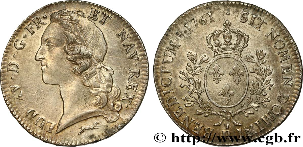LOUIS XV THE BELOVED Écu aux branches d’olivier, tête ceinte d’un bandeau 1761 Orléans AU