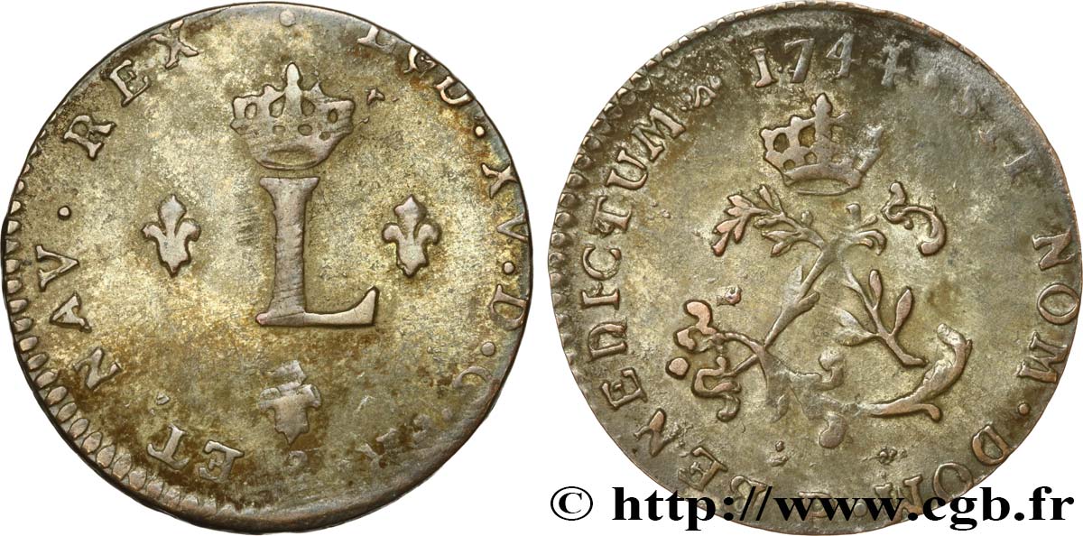 LOUIS XV THE BELOVED Double sol de billon 1744 Dijon XF