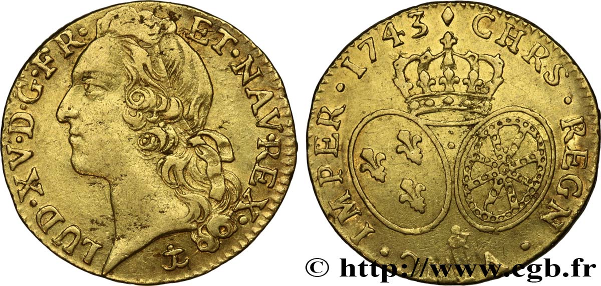 LOUIS XV THE BELOVED Louis d’or aux écus ovales, tête ceinte d’un bandeau 1743 Aix-en-Provence XF