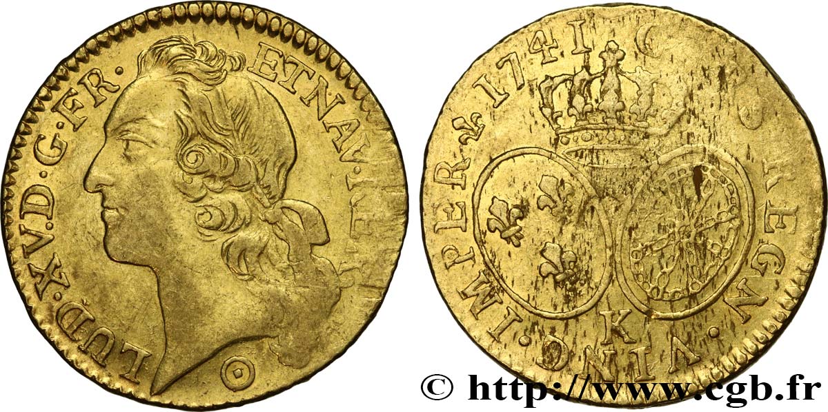 LOUIS XV  THE WELL-BELOVED  Louis d’or aux écus ovales, tête ceinte d’un bandeau 1741 Bordeaux MBC