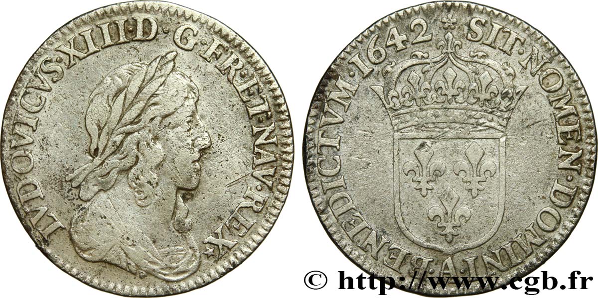 LOUIS XIII LE JUSTE Douzième d écu, 3e type, 2e poinçon de Warin 1642 Paris, Monnaie de Matignon TB+