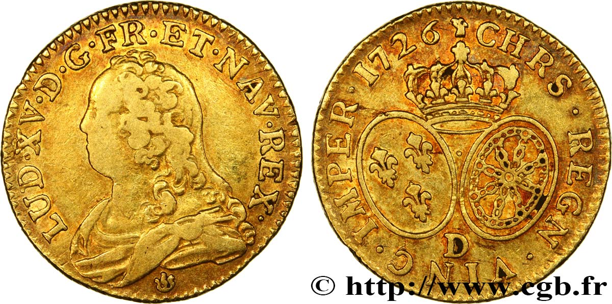 LOUIS XV  THE WELL-BELOVED  Louis d or aux écus ovales, buste habillé 1726 Lyon VF/XF