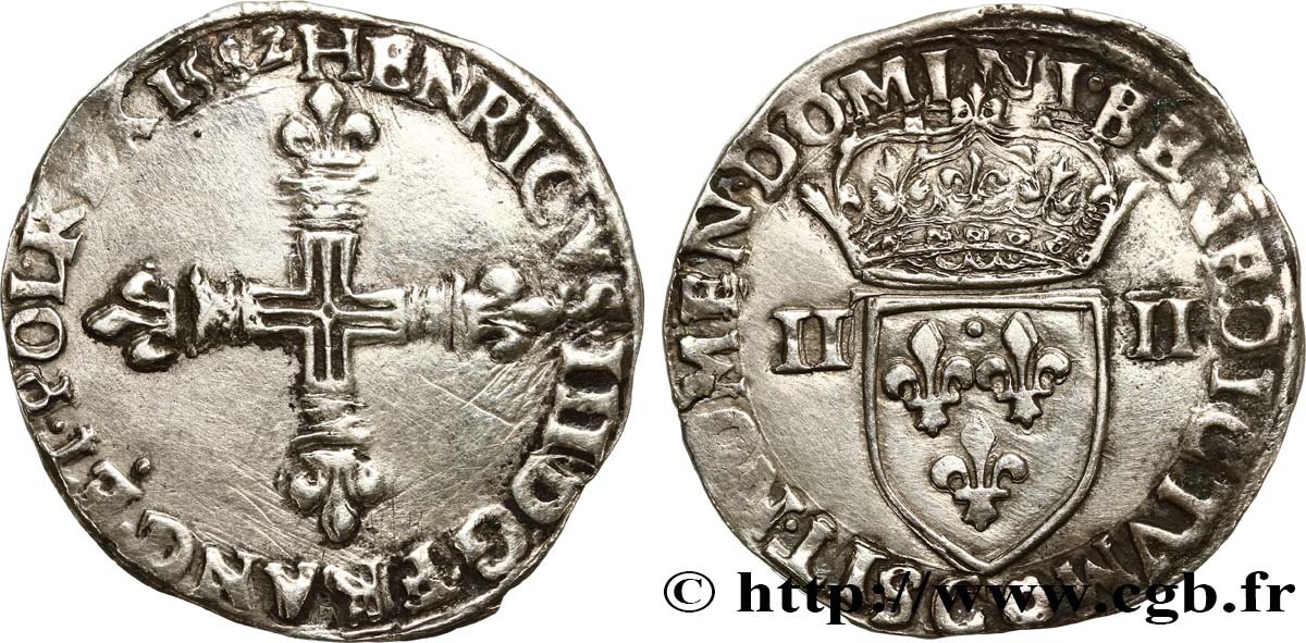 HENRY III Quart d écu, croix de face 1582 Saint-Lô VF/XF