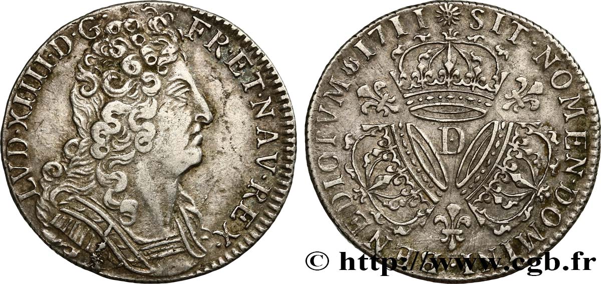 LOUIS XIV  THE SUN KING  Quart d écu aux trois couronnes 1711 Lyon SS