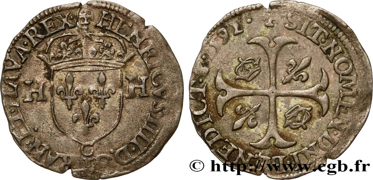 HENRY IV Douzain aux deux H, 2e type 1592 Saint-Lô BB