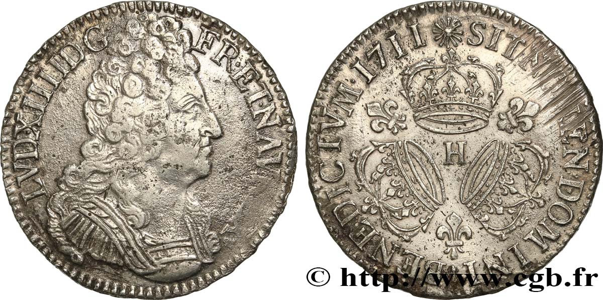 LOUIS XIV  THE SUN KING  Écu aux trois couronnes 1711 La Rochelle BC+/MBC