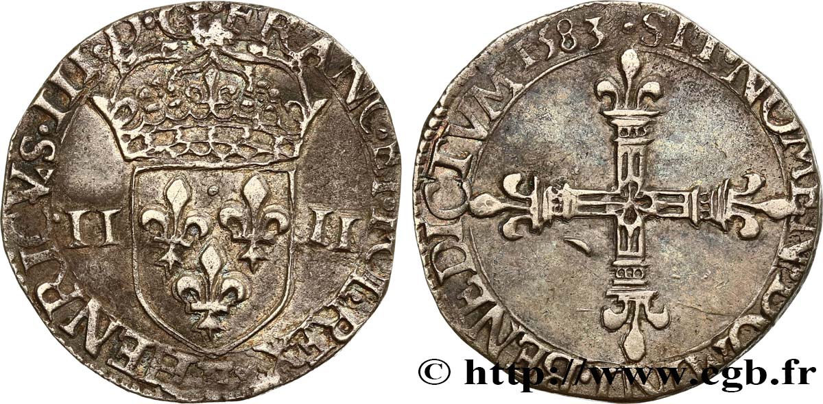HENRI III Quart d écu, écu de face 1583 Tours TTB