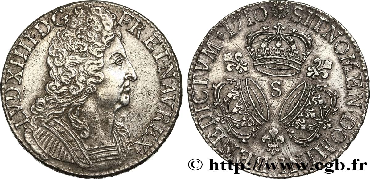 LOUIS XIV  THE SUN KING  Écu aux trois couronnes 1710 Reims BB/q.SPL