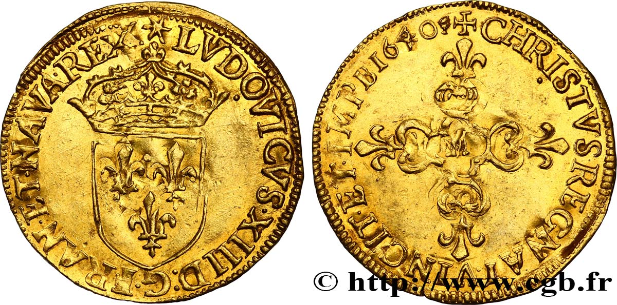 LOUIS XIII  Écu d or au soleil, à la croix anillée fleurdelisée 1640 Toulouse AU