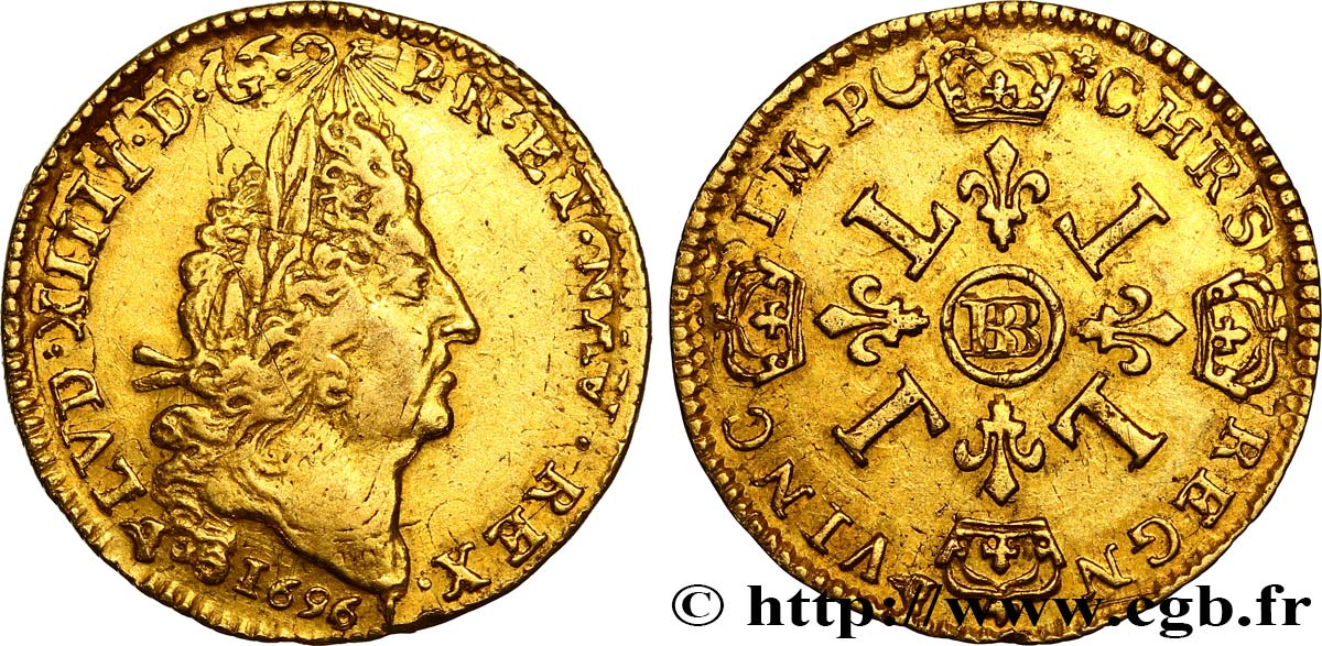 LOUIS XIV  THE SUN KING  Demi-louis d or aux quatre L 1696 Strasbourg VF/XF