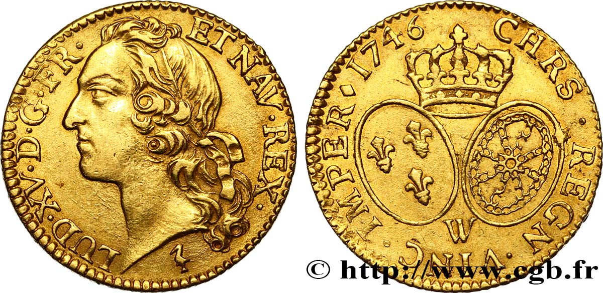 LOUIS XV THE BELOVED Louis d’or aux écus ovales, tête ceinte d’un bandeau 1746 Lille AU