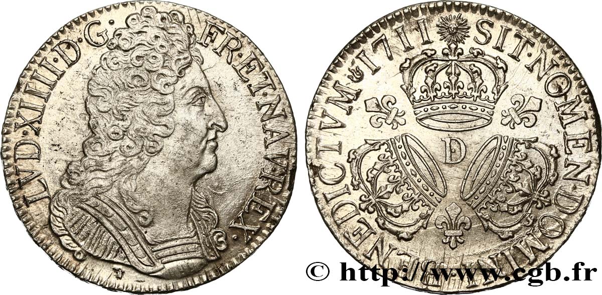 LOUIS XIV  THE SUN KING  Écu aux trois couronnes 1711 Lyon VZ/fST