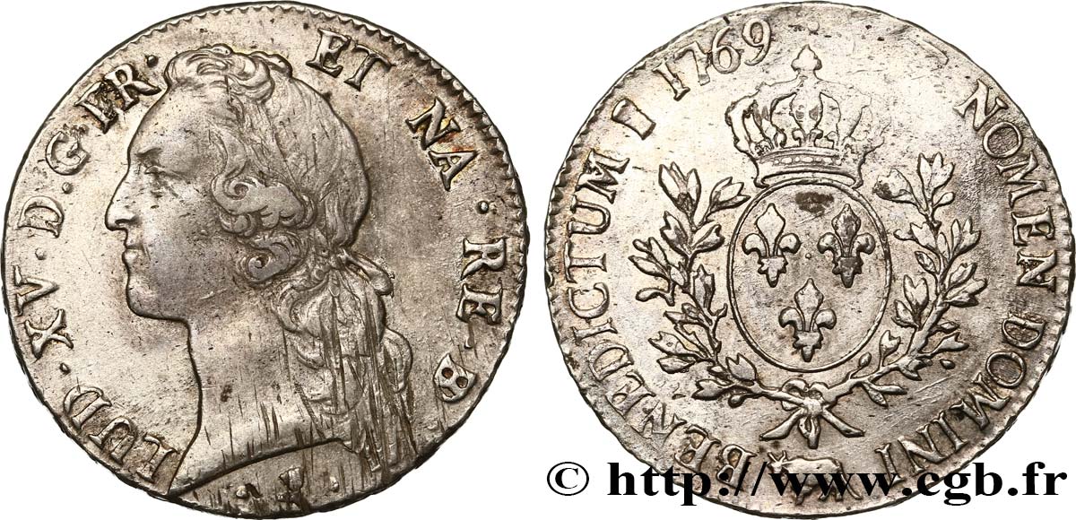LOUIS XV  THE WELL-BELOVED  Écu aux branches d’olivier, tête ceinte d’un bandeau 1769 Pau XF