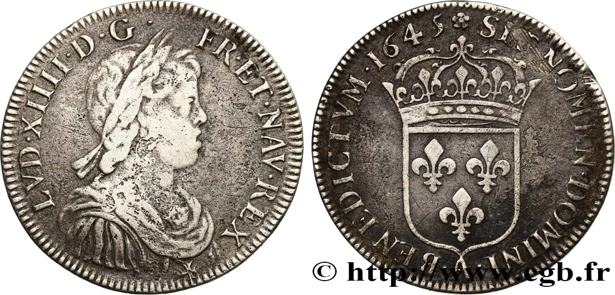 LOUIS XIV LE GRAND OU LE ROI SOLEIL Demi-écu, portrait à la mèche courte 1645 Paris, Monnaie de Matignon TB+