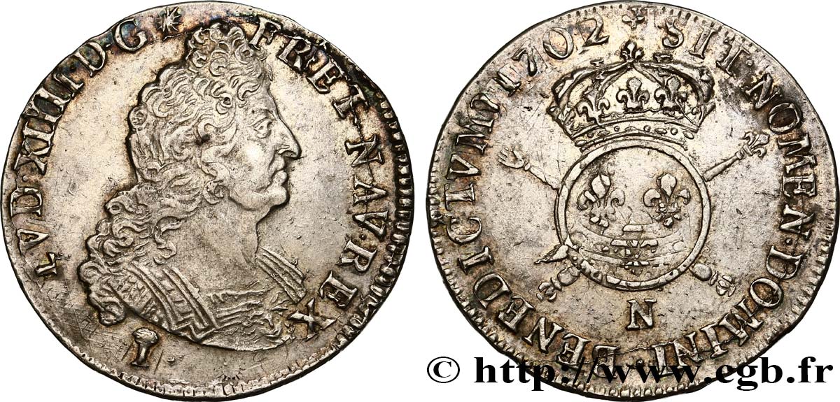 LOUIS XIV  THE SUN KING  Demi-écu aux insignes 1702 Montpellier BB