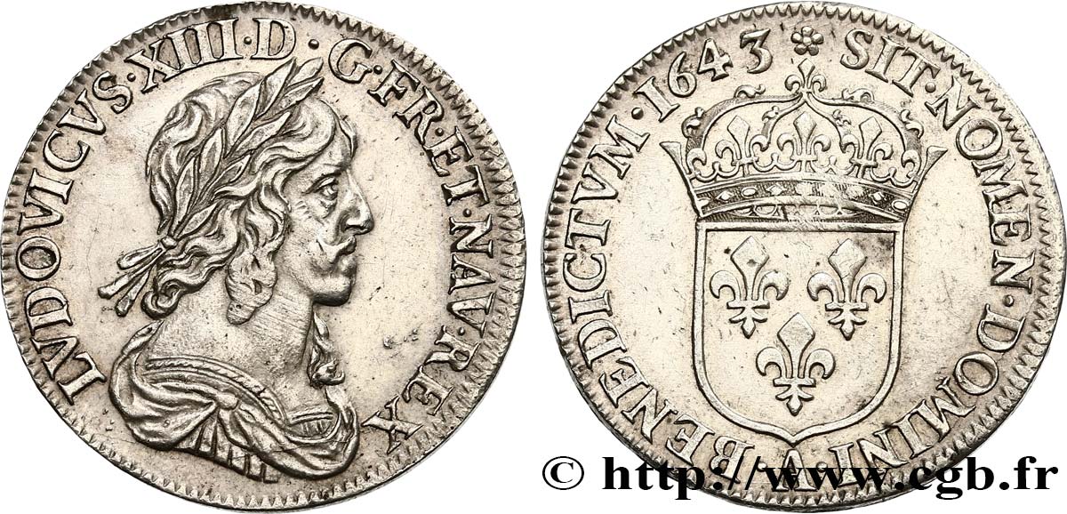 LOUIS XIII LE JUSTE Quart d écu, buste drapé et cuirassé (2e buste de Jean Warin) 1643 Paris, Monnaie de Matignon TTB+
