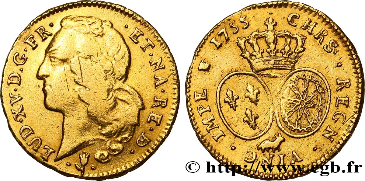 LOUIS XV  THE WELL-BELOVED  Double louis d’or aux écus ovales, tête ceinte d’un bandeau 1755 Pau BC+/MBC