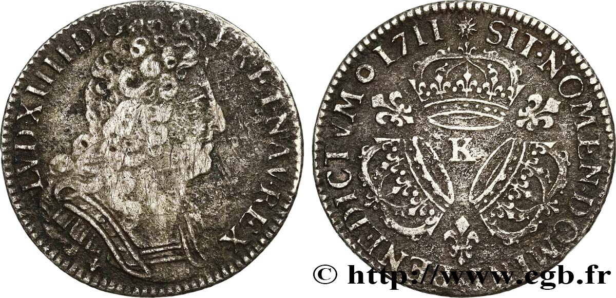 LOUIS XIV  THE SUN KING  Quart d écu aux trois couronnes 1711 Bordeaux VF/VF