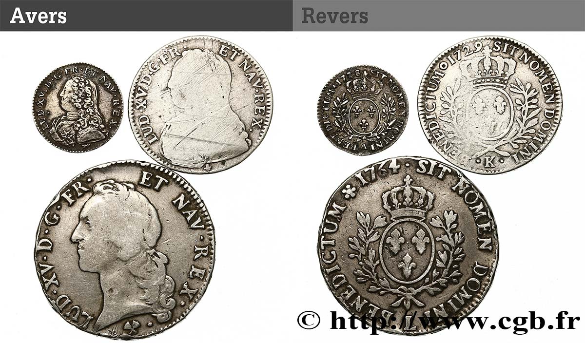 LOUIS XV  THE WELL-BELOVED  Lot de 3 monnaies royales en argent n.d. Ateliers divers VF