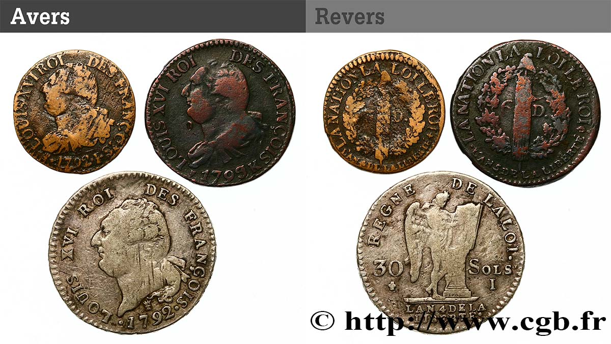 LOUIS XVI (MONARQUE CONSTITUTIONNEL)  Lot de 3 monnaies royales n.d. Ateliers divers TB