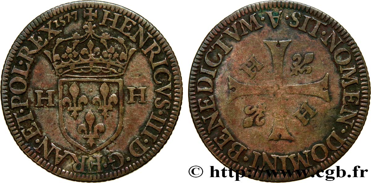 HENRY III Piéfort de poids double du douzain aux deux H, 2e type 1577 Paris MBC