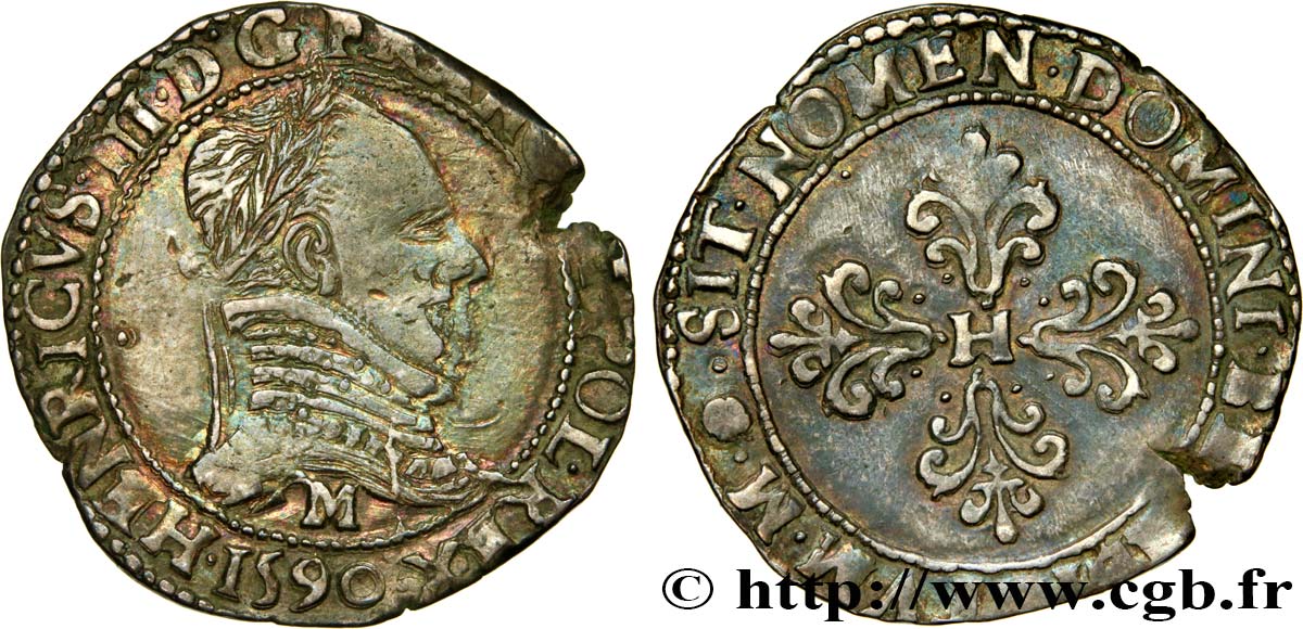 LIGUE. COINAGE AT THE NAME OF HENRY III Demi-franc au col plat 1590 Toulouse VF