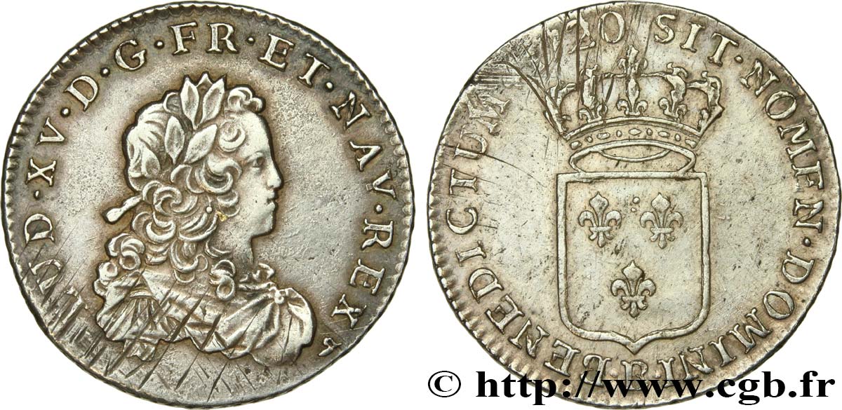 LOUIS XV  THE WELL-BELOVED  Tiers d écu de France 1720 Rouen VF