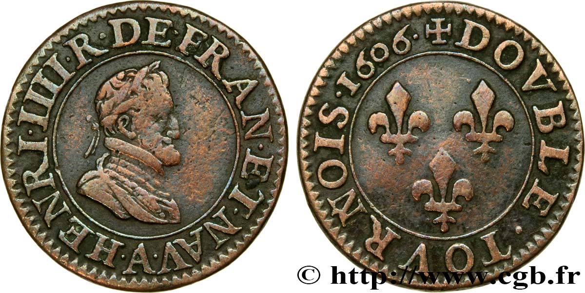 HENRY IV Double tournois, 1er type de Paris (légende française) 1606 Paris, Moulin des Étuves fSS/SS