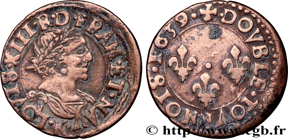 LOUIS XIII LE JUSTE Double tournois, type 14 1639 Bordeaux TTB