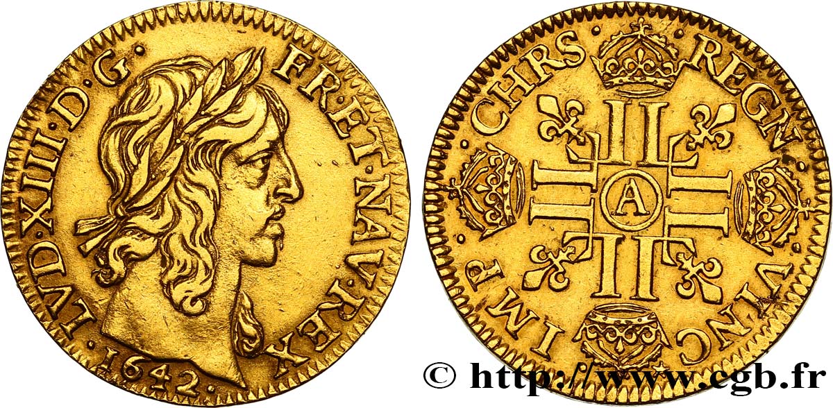 LOUIS XIII  Louis d or aux huit L (effigie de Jean Warin) 1642 Paris MBC+/EBC