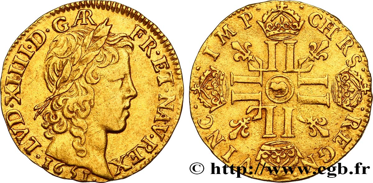 LOUIS XIV  THE SUN KING  Louis d’or aux huit L, portrait à la mèche longue 1651 Arras MBC+