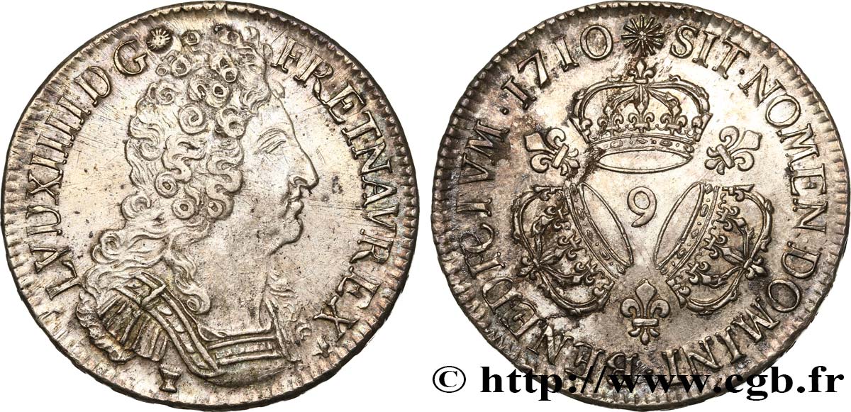 LOUIS XIV  THE SUN KING  Écu aux trois couronnes 1710 Rennes q.SPL